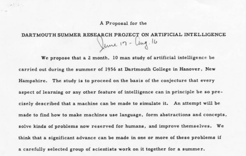 Extrato da carta onde originou o termo “Inteligência artificial” na Conferência de Inteligência Artificial na Darthmouth College, em New Hampshire, nos Estados Unidos.